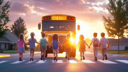 A group of children walking safely in front of a school bus, holding hands while crossing the street as the bus driver watches.の素材