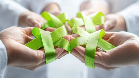 A group of mental health professionals at a seminar, holding green ribbons and spreading awareness about the importance of mental health.の素材