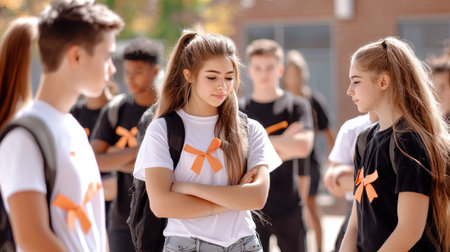 A group of students wearing mental health awareness t-shirts and ribbons, gathered to promote the cause in a school courtyard.の素材