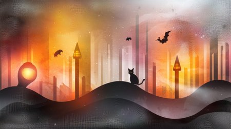 A Halloween background with retro patterns, featuring faded witch hats, vintage lanterns, and spooky cats in a grainy, old film style.の素材
