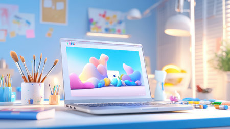 A laptop mockup with a customizable screen set against a creative artists studio backdrop, with paints, brushes, and sketches around.の素材
