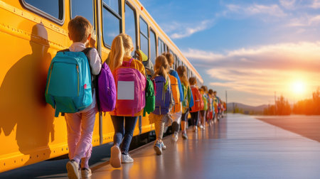 A line of students boarding a school bus, each carrying vibrant backpacks filled with books and supplies.の素材