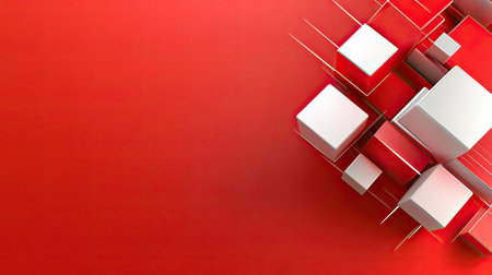 A modern red geometric background with 3D cubes and sharp lines, perfect for tech or business designs.の素材