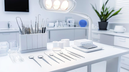 A patient waiting in a dermatologists office, the dermatologist preparing tools for a skin examination.の素材