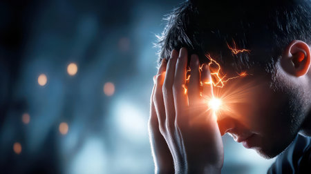A person holding their head with both hands, eyes closed, symbolizing the weight of anxiety or depression. Dimly lit, with blurred background to emphasize isolation.の素材