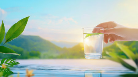 A person lifting a glass of water to their lips, surrounded by nature, emphasizing hydration during outdoor activities.の素材