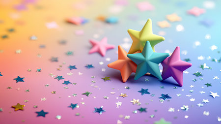 A rainbow star pattern background with multicolored stars scattered across the frame, creating a whimsical and joyful visual.の素材