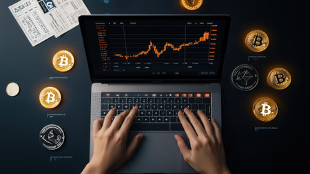 A person analyzing cryptocurrency trading charts on a laptop, surrounded by notes, coins, and financial data.の素材