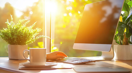 A person working from home on a desktop computer, with a bright and airy room, coffee cup nearby, and sunlight streaming through the window.の素材