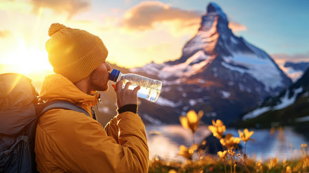 A person drinking water from a bottle while hiking in the mountains, capturing a sense of adventure and staying hydrated.の素材