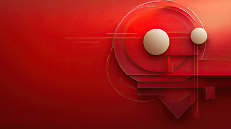 A red geometric background with overlapping circles and rectangles, forming a visually complex yet balanced design.の素材