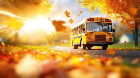 A school bus driving through a fall landscape with colorful autumn trees, leaves on the ground, and a golden hue across the scene.の素材