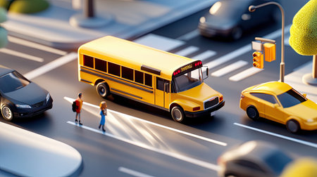 A school bus stopped at a red light in a city intersection, with pedestrians and cars observing traffic laws to ensure safety.の素材
