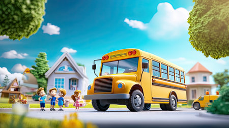 A school bus parked in a school lot, waiting to load students for a field trip. Teachers and kids in the background are getting ready.の素材