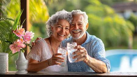A senior couple smiling and drinking water together while sitting on their porch, highlighting the importance of hydration in older age.の素材