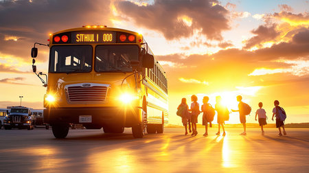 A school bus in a parking lot with several children exiting safely, with a focus on the orderly process and attentive staff.の素材