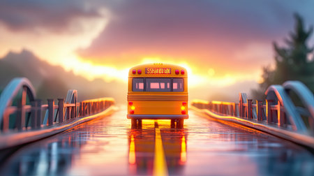 A school bus seen from behind, crossing a bridge with a beautiful sunset in the background, symbolizing the journey home after a long day.の素材