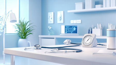 A sterile, professional doctors office with a stethoscope, blood pressure monitor, and neatly organized medical tools on the counter.の素材