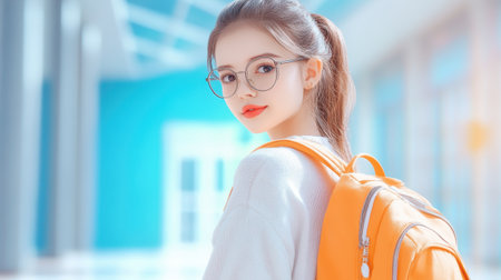 A teenage girl with stylish glasses, standing in front of the school entrance with a backpack, looking ready for the new school year.の素材
