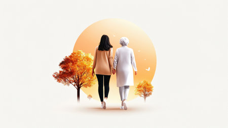 A woman walking arm-in-arm with her elderly mother, symbolizing the importance of mental health support in all stages of life.の素材
