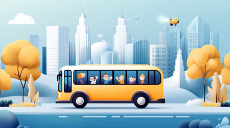 A vibrant flat design of a school bus with animated characters inside, waving at the viewer as the bus drives through a cartoon-like cityscape.の素材