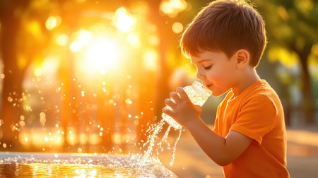 A young boy drinking water from a fountain at a park, with trees and playground equipment in the background.の素材