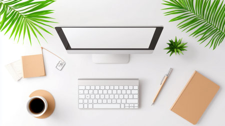 A top-down view of a stylish home office setup with a computer, notebooks, plants, and stationary, creating a balanced workspace.の素材