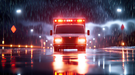 Ambulance driving through a stormy night, with headlights piercing through rain, reflecting off the wet streets.の素材