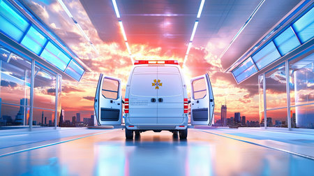 Ambulance doors open at a hospital entrance as paramedics prepare to bring in a critically ill patient.の素材