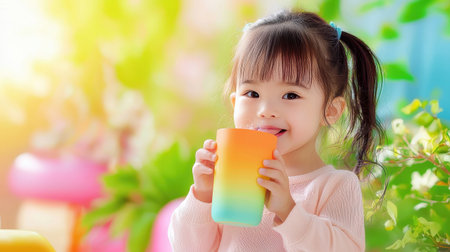 An Asian child drinking water from a colorful cup with a smile, set against a lively family home background.の素材