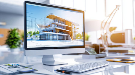 CAD construction drawing of a multi-story building, displayed on a large monitor in a professional engineering officeの素材