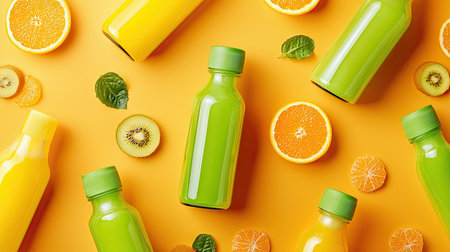 Close-up of vibrant orange and green juice bottles, surrounded by fresh fruits, showcasing natural and healthy drinksの素材