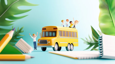 Flyer with a school bus and kids waving, set against a backdrop of pencils and notebooks with text announcing the school reopening.の素材