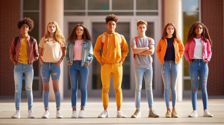 Group of diverse teenagers standing in front of a high school entrance, excitedly preparing to start a new school year.の素材