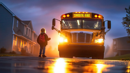 The front of a school bus parked at the curb, with a welcoming driver waiting for children to board.の素材