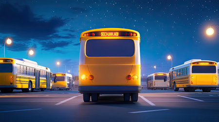 The rear view of a school bus in a parking lot, surrounded by other buses, preparing for the end of the school day.の素材