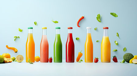 Variety of colorful juice bottles with fruit and vegetable blends, arranged neatly with fruits and greens scattered aroundの素材