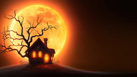 Silhouetted haunted house and tree branches in front of a glowing full moon on a dark, spooky Halloween nightの素材