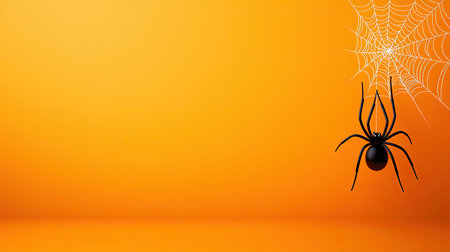 Simple Halloween design with a black spider hanging from a web against a solid orange background, perfect for minimalist decorationsの素材