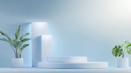 A subtle blue-grey background with even lighting, providing a calm and neutral setting for product displays.の素材