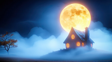 Halloween night scene with a glowing full moon behind an old haunted house, casting long shadows on a foggy, creepy landscapeの素材