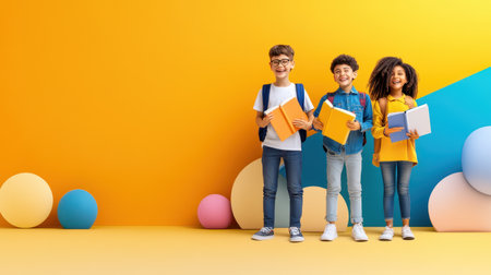 Flyer with a photo of excited students holding books, combined with bold fonts and vivid colors promoting school reopening.の素材