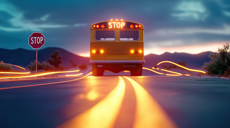 The back view of a school bus driving down an empty road, with the rear lights on and the "STOP" sign extended.の素材