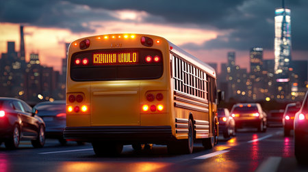 The back of a school bus in traffic, with cars lined up behind it, and a city skyline in the distance.の素材