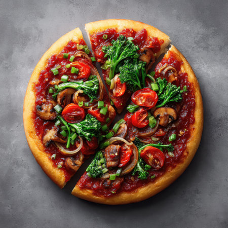 Pizza with mushrooms, tomatoes and onions on a dark background.の素材