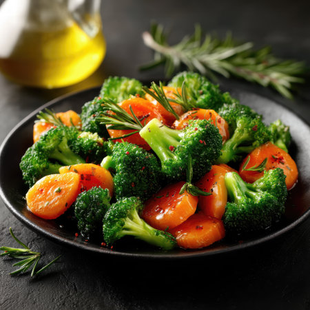 Salad with broccoli, carrot and rosemary on a black backgroundの素材