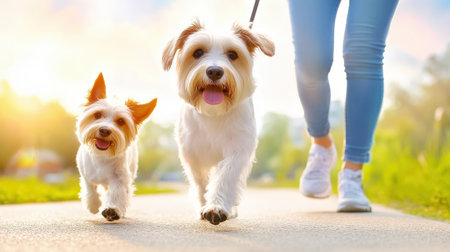 Adult friends walking dogs together in neighborhood park on sunny afternoonの素材