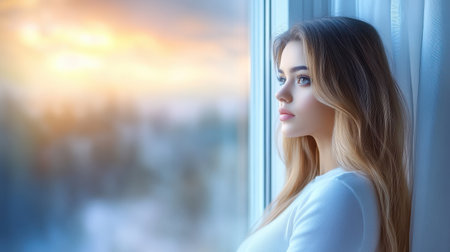 Adult woman standing by window, side profile gazing thoughtfully outsideの素材