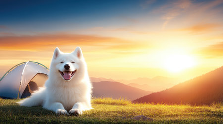 Adult Samoyed resting next to owner during mountain camping tripの素材