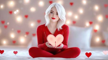 Romantic adult woman in red outfit with heart arrows preparing Valentines giftの素材